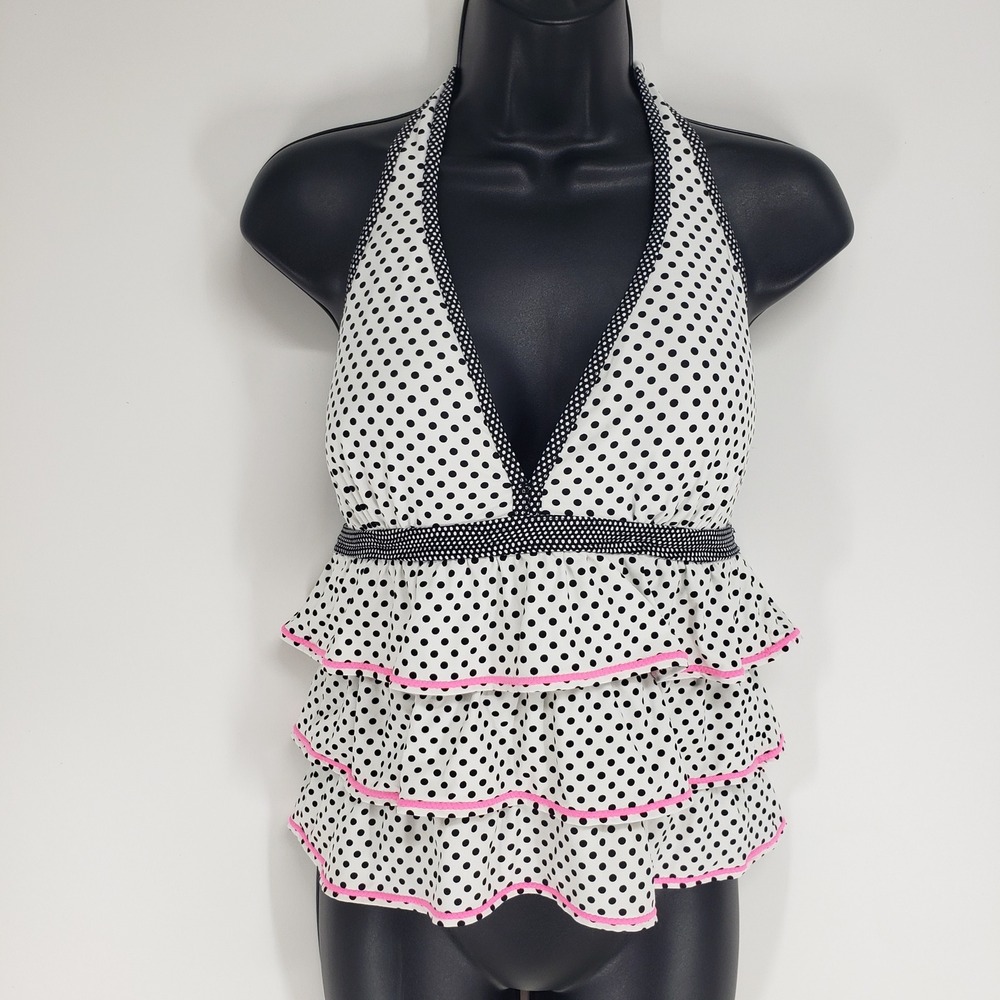 Y2K Coco Rave Polka Dot Ruffle Tankini Top Women 36D White Black Halter Swimsuit
